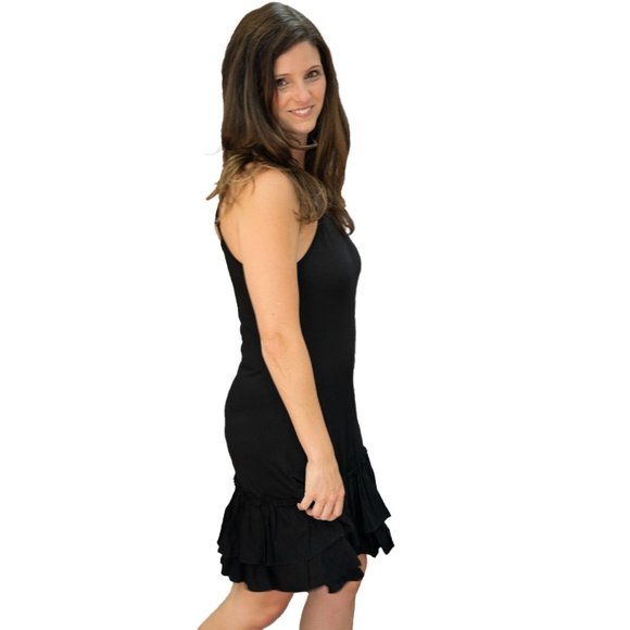 Black Double Ruffle Dress Extender Slip Convertible Strap Tiered Layered Slip - Picture 3 of 8
